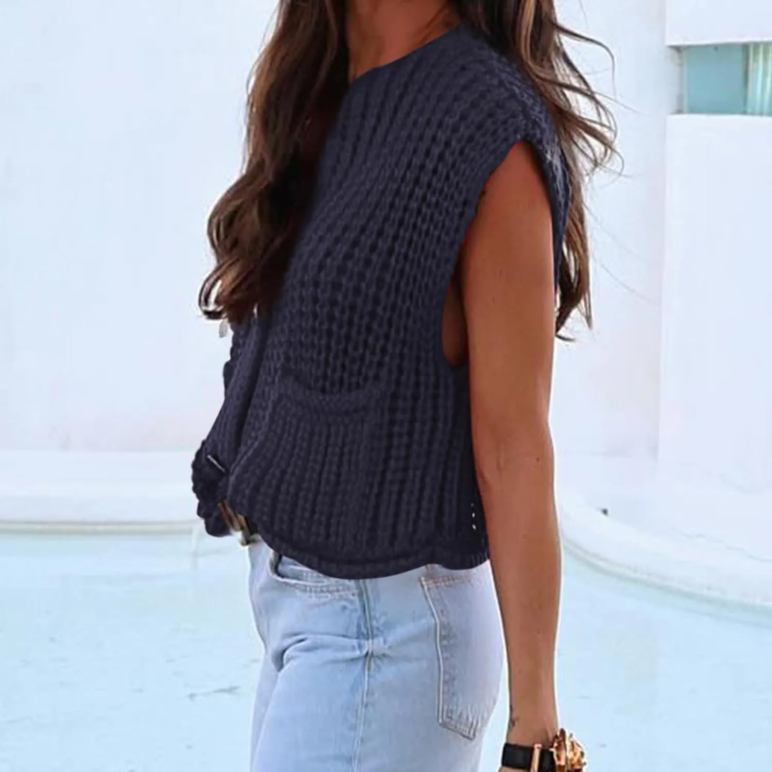 Womens Crochet Knit Top Sleeveless Button Down Crop Top Open Front Sweater Cardigan Vest with Pockets