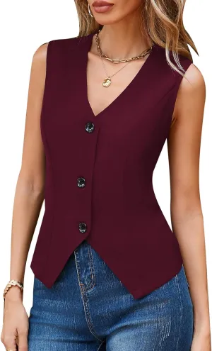 Women's Cropped Suit Vest V Neck 2025 Single Breasted Button Down V Neck Business Casual Dressy Waistcoat Vest Tops
