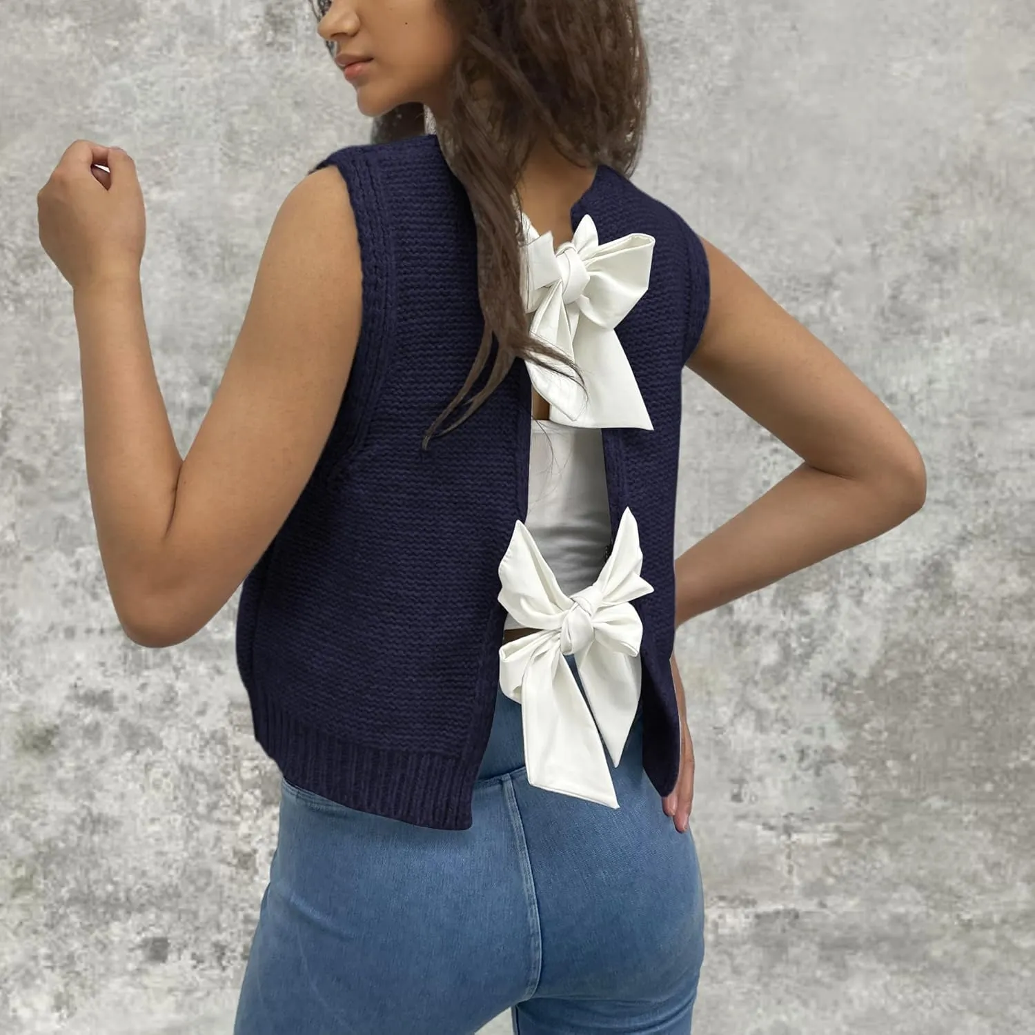 Womens Cute Bow Tie Open Back Cropped Sweater Vest Knit Tank Tops Y2k Girls Sleeveless Cardigan Pullover Shirts
