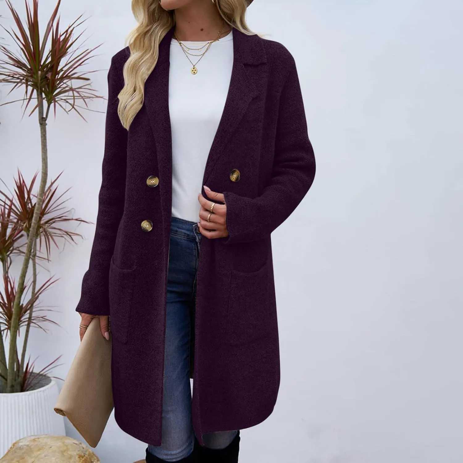 Women's Double Breasted Trench Coats Notch Lapel Midi Long Wool Pea Coat Warm Winter Jackets Overcoat with Pockets