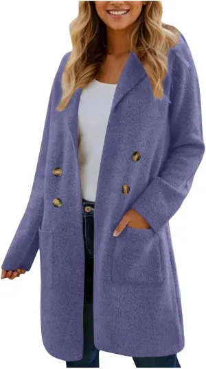 Women's Double Breasted Trench Coats Notch Lapel Midi Long Wool Pea Coat Warm Winter Jackets Overcoat with Pockets