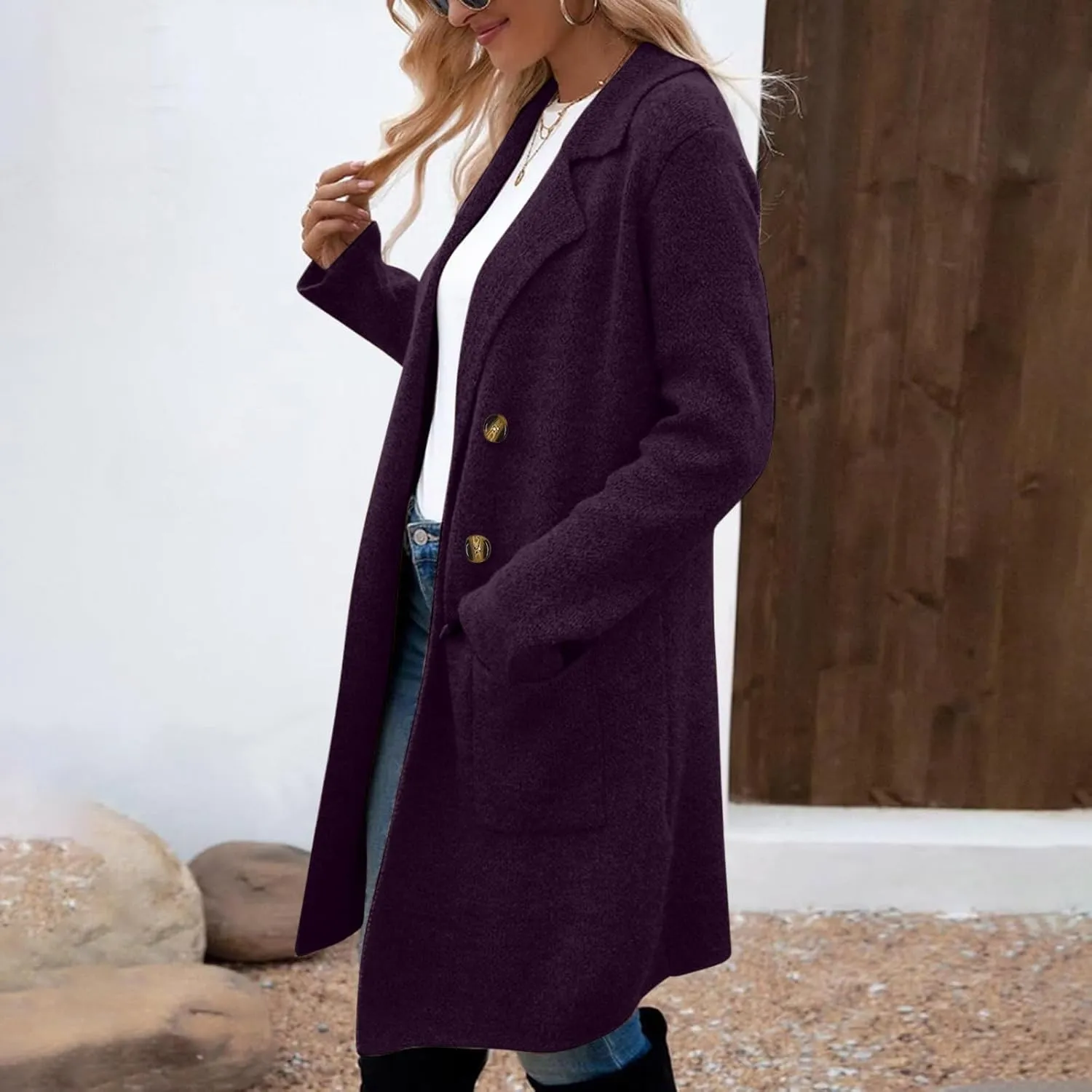 Women's Double Breasted Trench Coats Notch Lapel Midi Long Wool Pea Coat Warm Winter Jackets Overcoat with Pockets