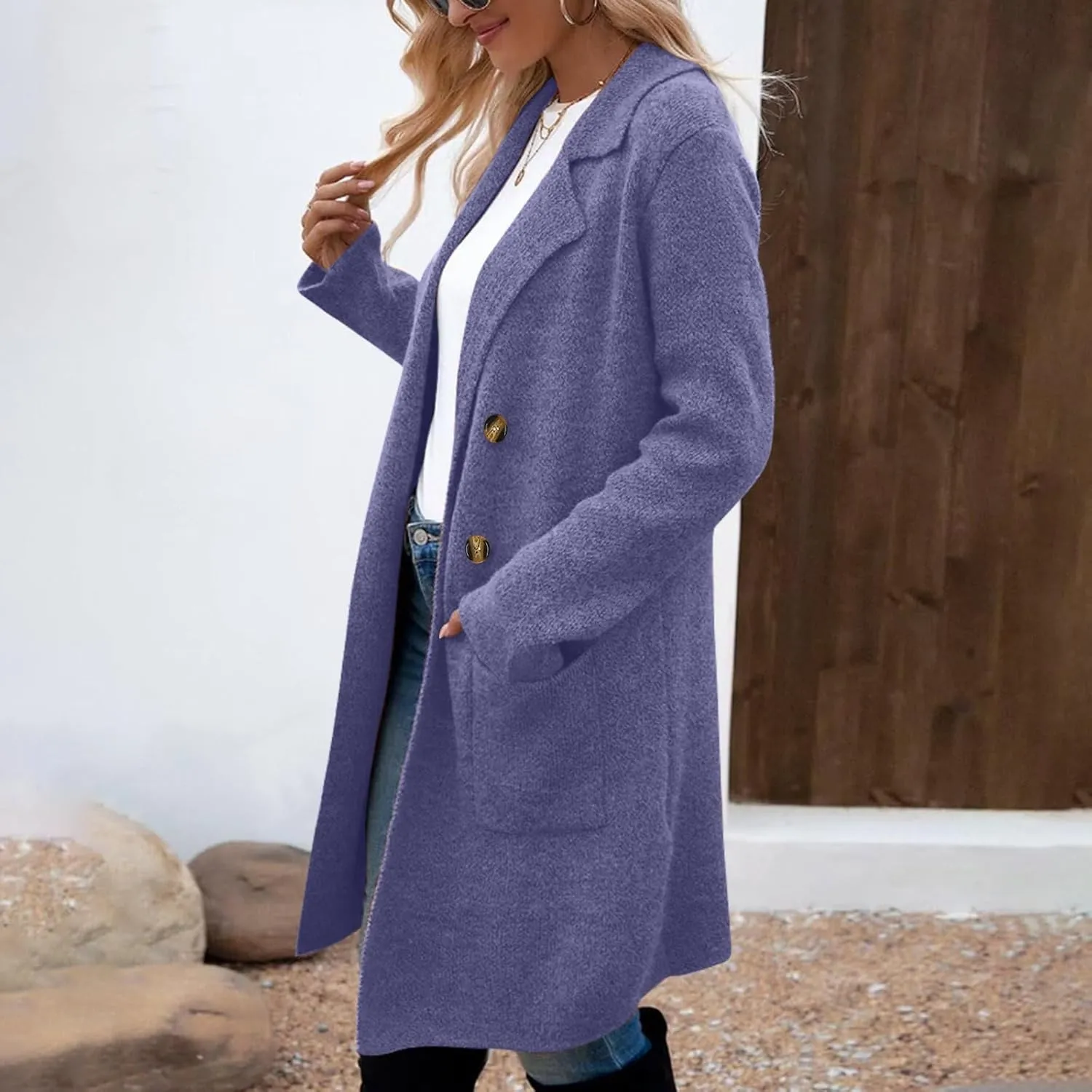 Women's Double Breasted Trench Coats Notch Lapel Midi Long Wool Pea Coat Warm Winter Jackets Overcoat with Pockets