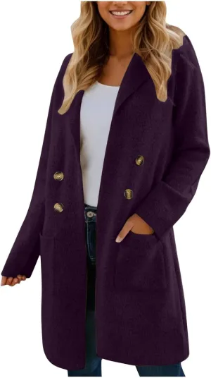 Women's Double Breasted Trench Coats Notch Lapel Midi Long Wool Pea Coat Warm Winter Jackets Overcoat with Pockets