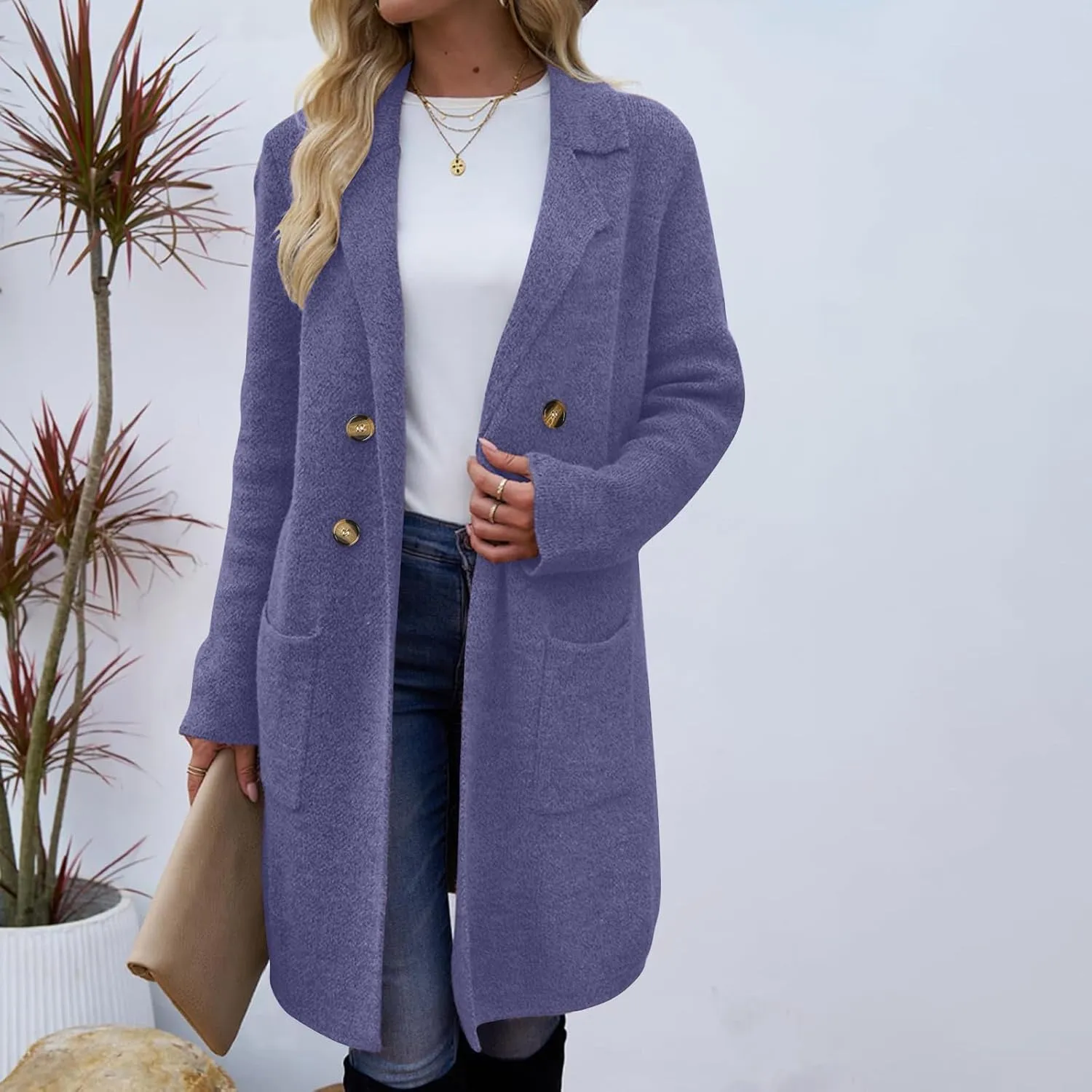 Women's Double Breasted Trench Coats Notch Lapel Midi Long Wool Pea Coat Warm Winter Jackets Overcoat with Pockets