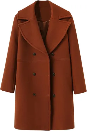 Women's Double Breasted Wool Coats Casual Notched Lapel Oversized Pea Coat Soft Warm Winter Trench Coat Outwear