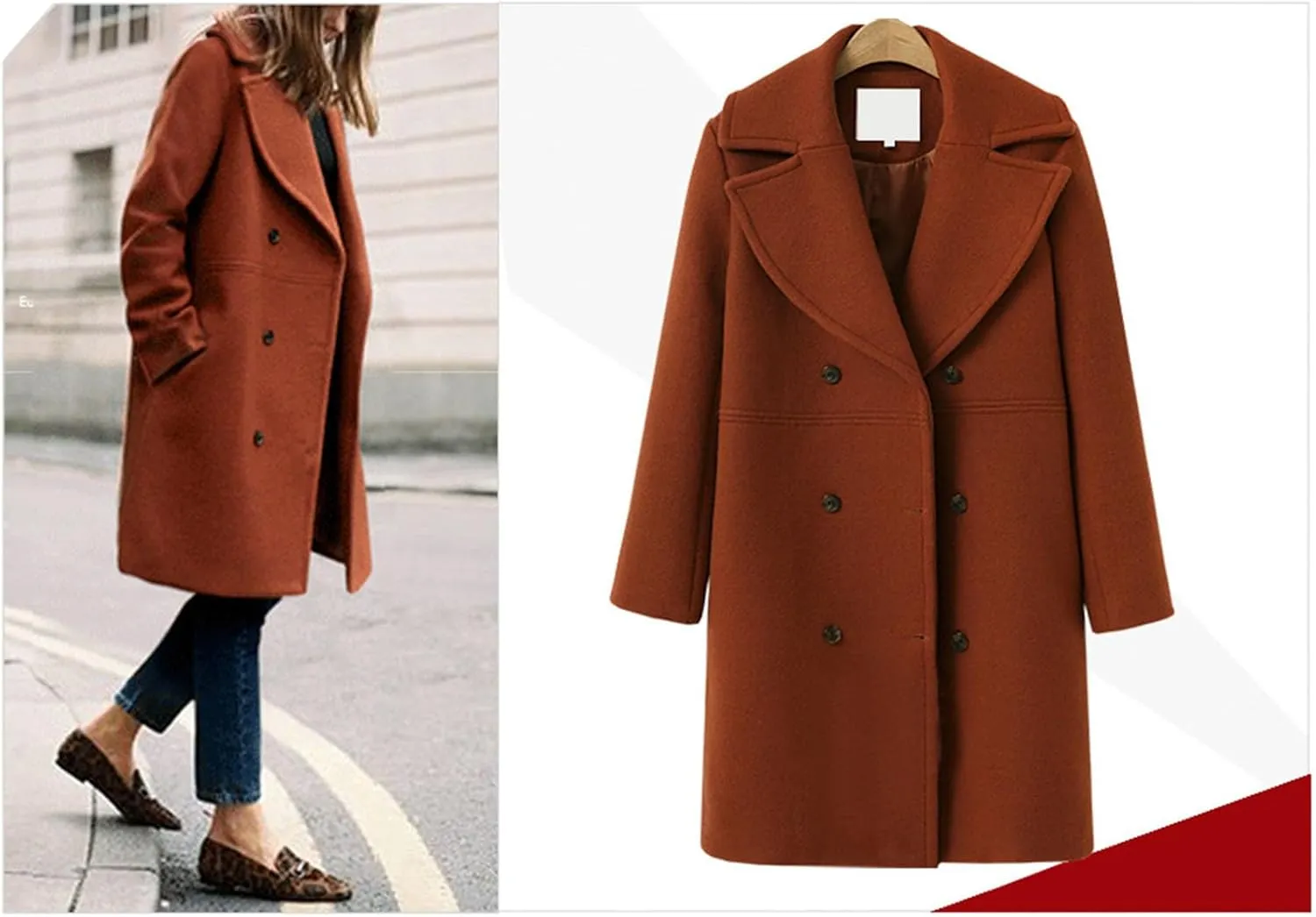 Women's Double Breasted Wool Coats Casual Notched Lapel Oversized Pea Coat Soft Warm Winter Trench Coat Outwear