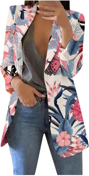 Women's Fall Casual Trendy Long Sleeve Lapel Floral Cardigan Jacket Plus Size