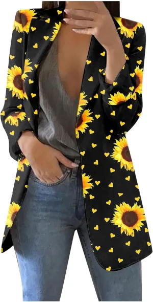 Women's Fall Casual Trendy Long Sleeve Lapel Floral Cardigan Jacket Plus Size