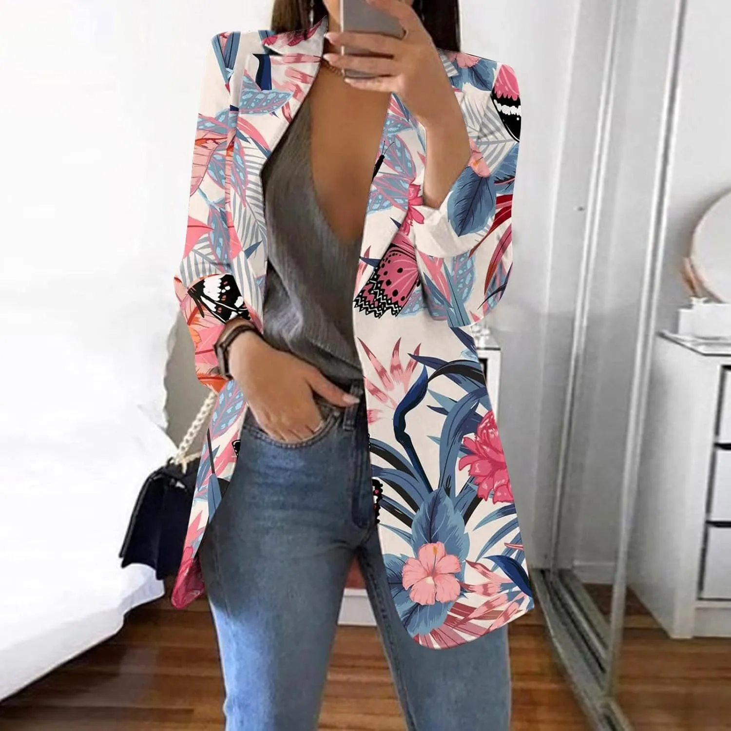 Women's Fall Casual Trendy Long Sleeve Lapel Floral Cardigan Jacket Plus Size