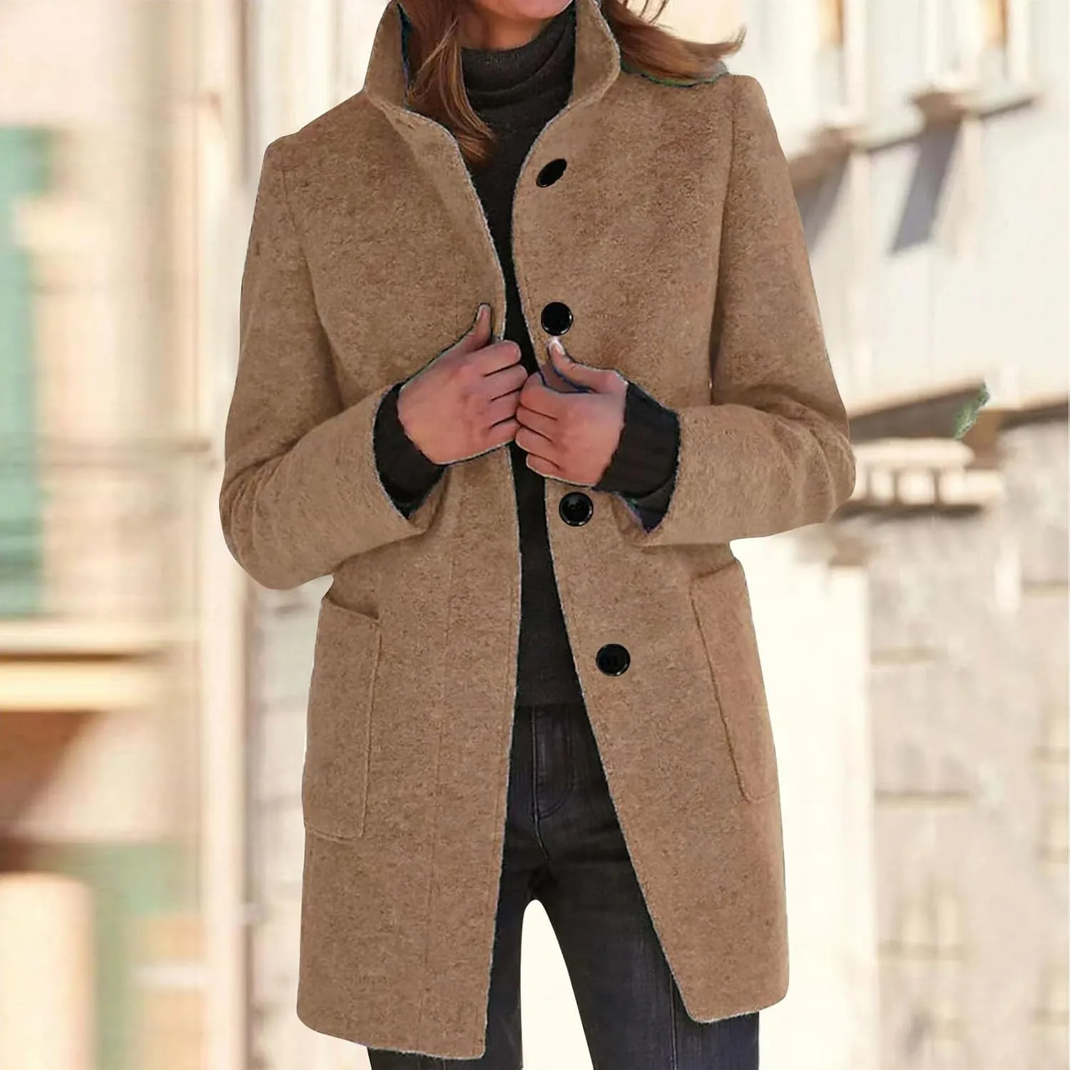 Womens Fall Winter Wool Coats Casual Notch Stand Collar Single Breasted Peacoat Thicken Blazer Jacket