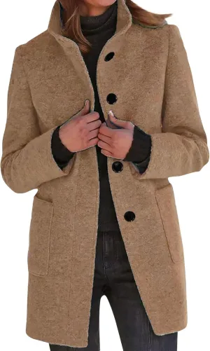 Womens Fall Winter Wool Coats Casual Notch Stand Collar Single Breasted Peacoat Thicken Blazer Jacket