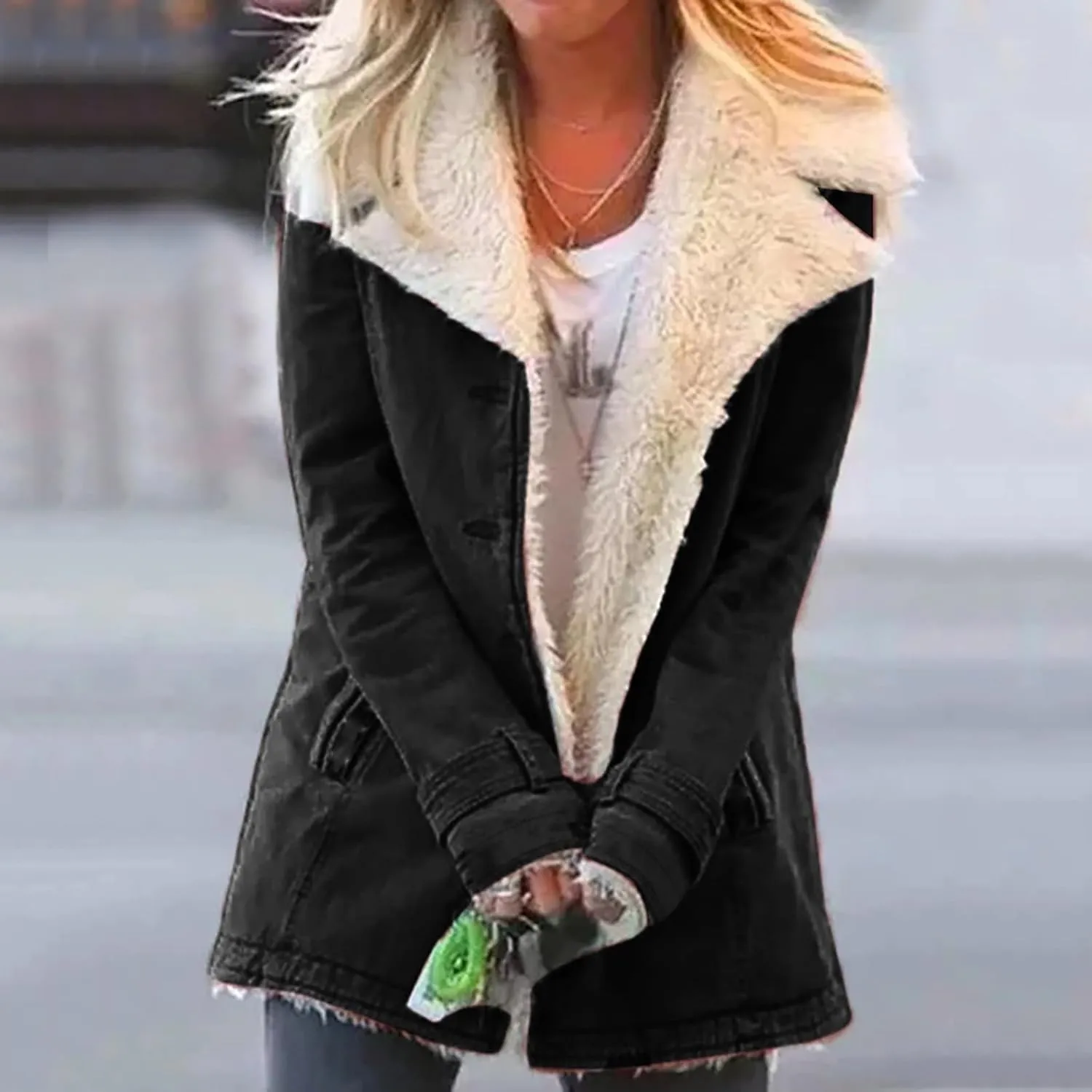 Womens Fleece Winter Jackets Plush Lapel Button Slim Fuzzy Jackets Plus Size Warm Furry Blazer Faux Fur Sherpa Coat