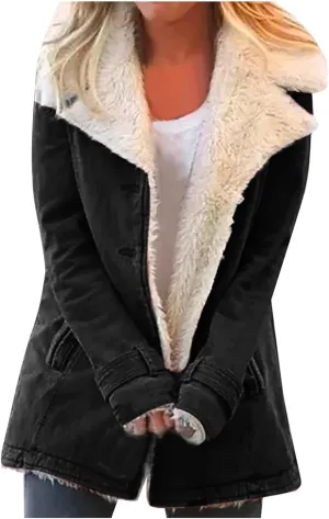 Womens Fleece Winter Jackets Plush Lapel Button Slim Fuzzy Jackets Plus Size Warm Furry Blazer Faux Fur Sherpa Coat