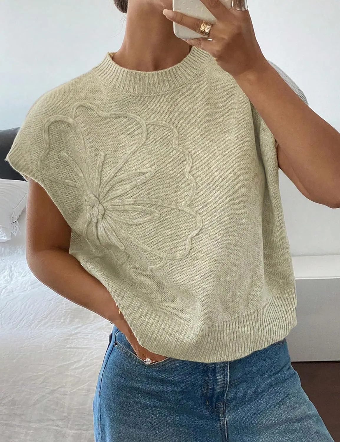 Womens Floral Sweater Vest Cute Cap Sleeve Tops 3D Flower Decor Knit Tank Top Loose Spring Fall Summer Clothes 2025