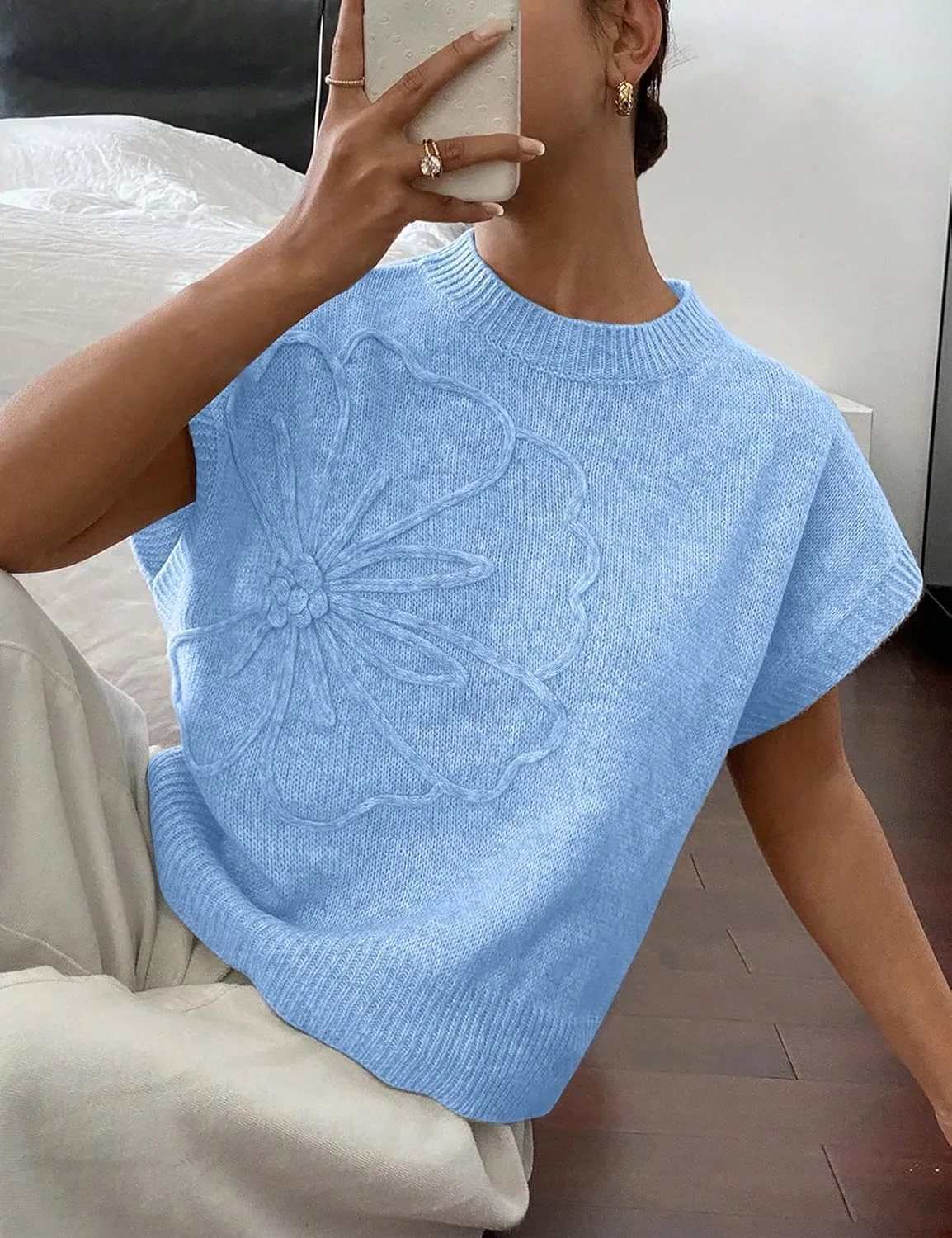 Womens Floral Sweater Vest Cute Cap Sleeve Tops 3D Flower Decor Knit Tank Top Loose Spring Fall Summer Clothes 2025