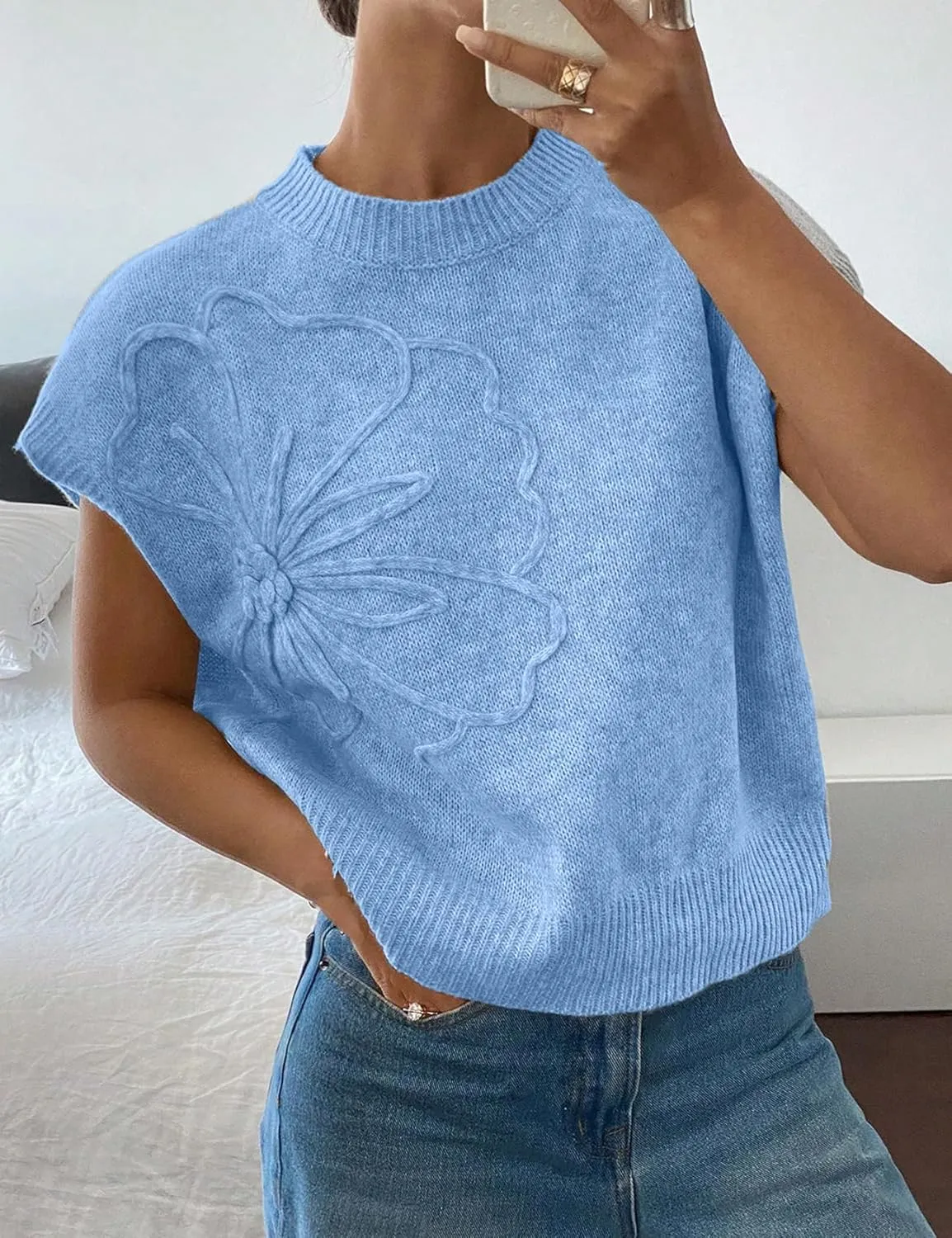 Womens Floral Sweater Vest Cute Cap Sleeve Tops 3D Flower Decor Knit Tank Top Loose Spring Fall Summer Clothes 2025