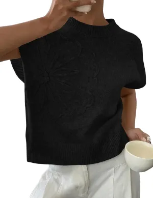 Womens Floral Sweater Vest Cute Cap Sleeve Tops 3D Flower Decor Knit Tank Top Loose Spring Fall Summer Clothes 2025