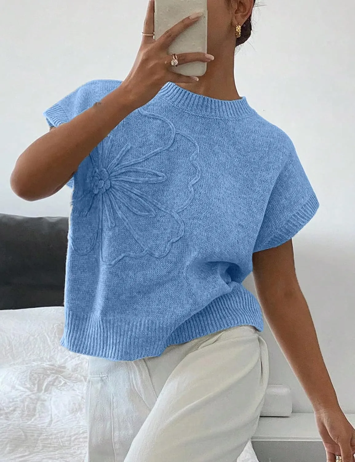 Womens Floral Sweater Vest Cute Cap Sleeve Tops 3D Flower Decor Knit Tank Top Loose Spring Fall Summer Clothes 2025