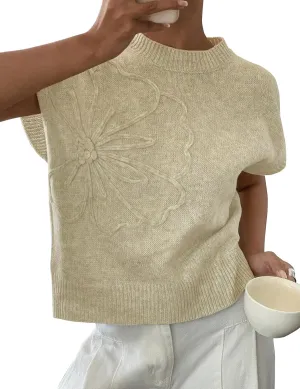 Womens Floral Sweater Vest Cute Cap Sleeve Tops 3D Flower Decor Knit Tank Top Loose Spring Fall Summer Clothes 2025