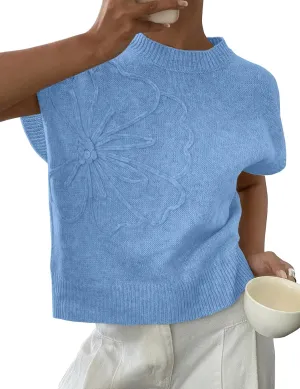 Womens Floral Sweater Vest Cute Cap Sleeve Tops 3D Flower Decor Knit Tank Top Loose Spring Fall Summer Clothes 2025