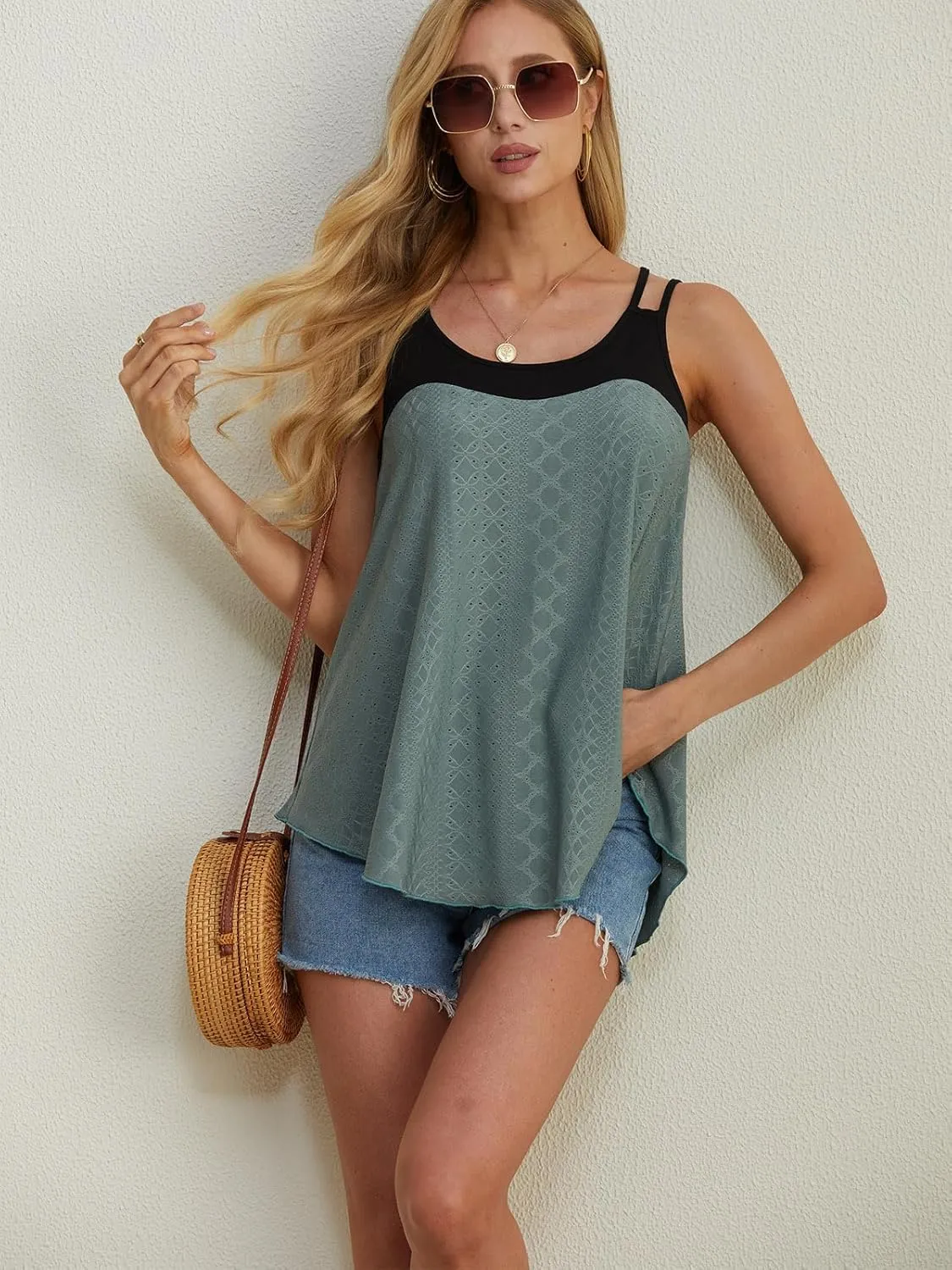 Women's Flowy Eyelet Embroidery Tank Top Casual Loose Scoop Neck Color Block Swing Top Shirt