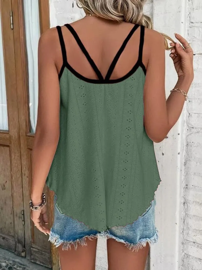 Women's Flowy Eyelet Embroidery Tank Top Casual Loose Scoop Neck Color Block Swing Top Shirt