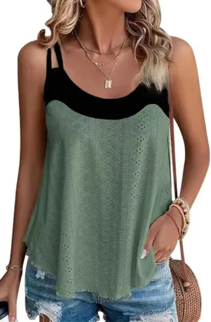 Women's Flowy Eyelet Embroidery Tank Top Casual Loose Scoop Neck Color Block Swing Top Shirt