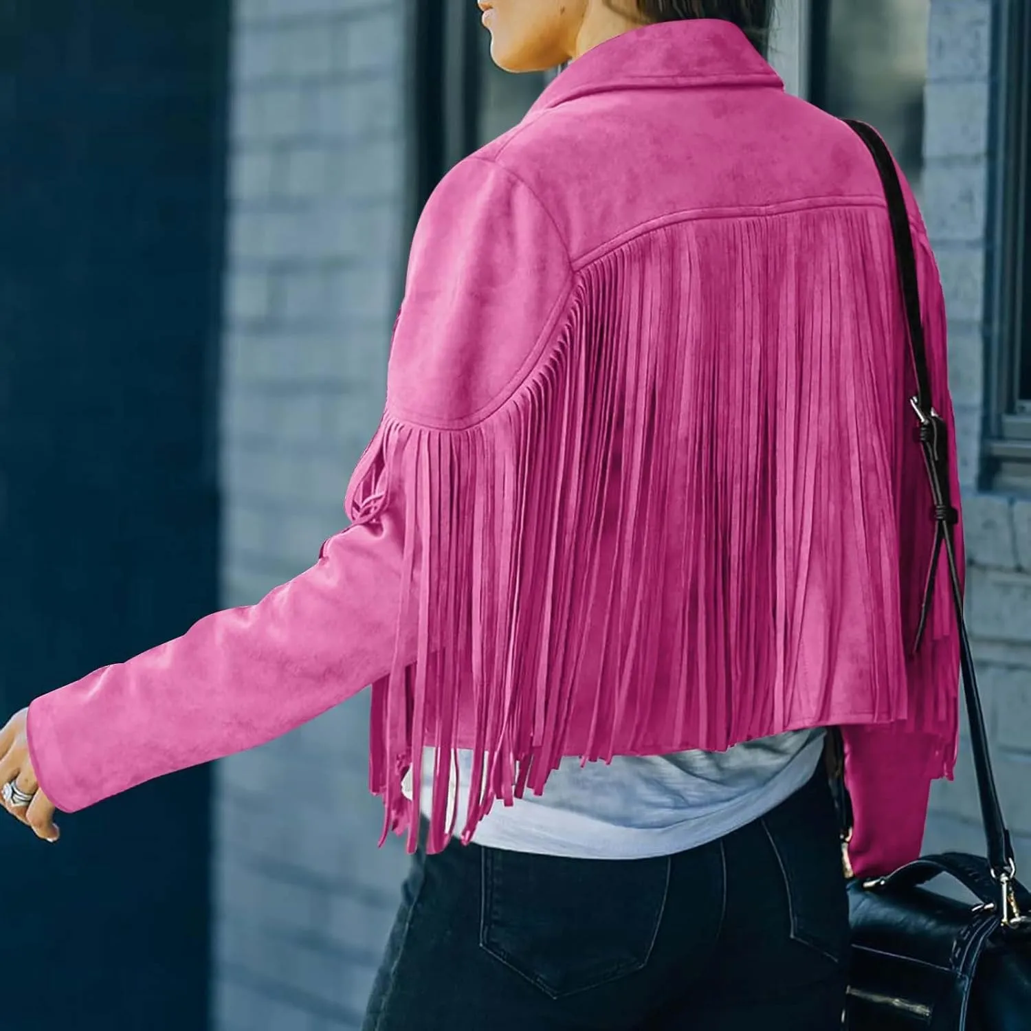 Women's Fringe Jacket Faux Suede Leather Jackets 2024 Fashion Tassel Motorcycle Cropped Coats Fall Outfits