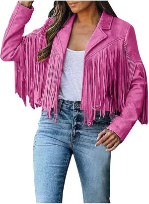 Women's Fringe Jacket Faux Suede Leather Jackets 2024 Fashion Tassel Motorcycle Cropped Coats Fall Outfits