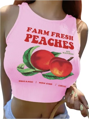 Women's Graphic Crop Tank Top Summer Round Neck Tank Top Shirts Casual Letter Print Sleeveless T Shirt