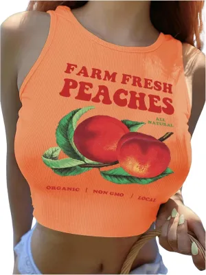 Women's Graphic Crop Tank Top Summer Round Neck Tank Top Shirts Casual Letter Print Sleeveless T Shirt