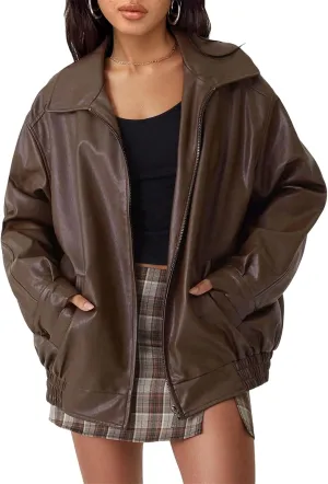 Womens Leather Jackets Faux Leather Moto Biker Coat Oversized Motorcycle Lapel Jacket Winter Outfits