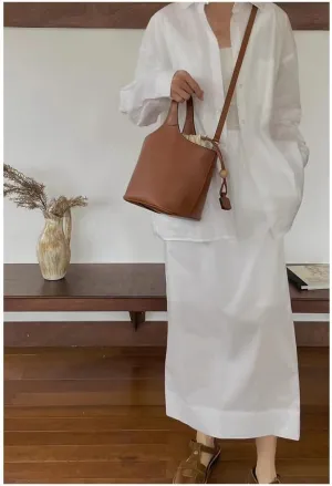 Women's Leather Minimalist Handbag Shoulder Crossbody Bucket Bag Versatile Chis Style Elegant Luxury Drawstring Hand Carry