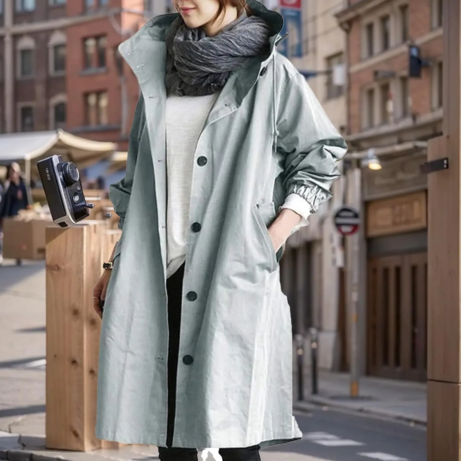 Womens Lightweight Hooded Jacket Oversized Button Down Coats Fall Winter Long Sleeve Trench Coat Peacoat