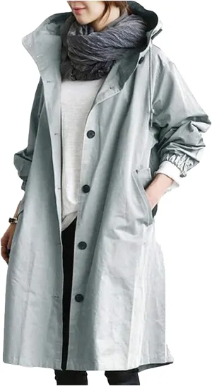 Womens Lightweight Hooded Jacket Oversized Button Down Coats Fall Winter Long Sleeve Trench Coat Peacoat
