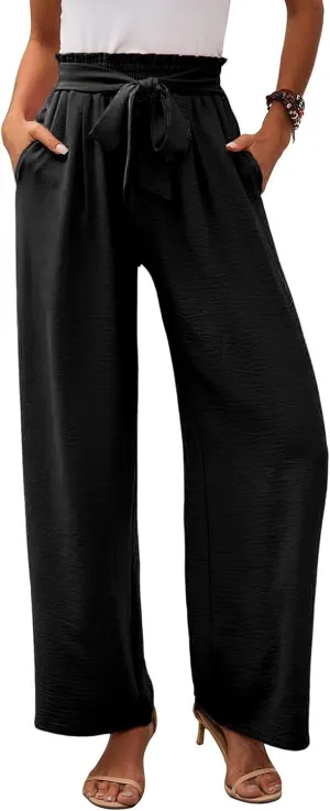 Women's Linen Cotton High Waist Straight Wide Leg Pants Adjustable Elastic Waist Palazzo Work Pants with Pockets