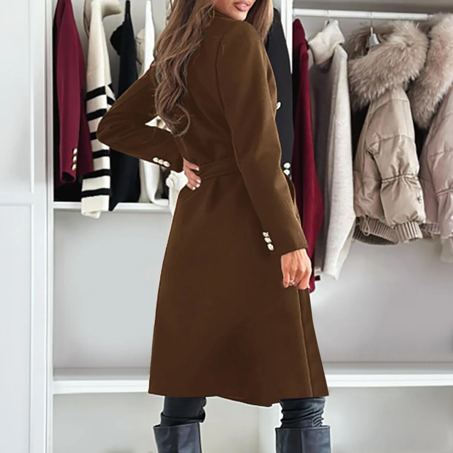 Womens Long Coat Double Breasted Trench Coat Classic Notch Lapel Slim Overcoat Business Casual Fall Winter Clothes