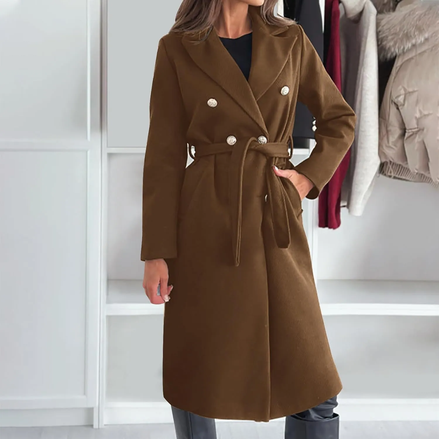 Womens Long Coat Double Breasted Trench Coat Classic Notch Lapel Slim Overcoat Business Casual Fall Winter Clothes