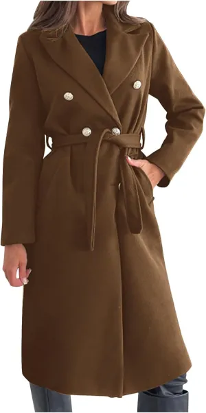 Womens Long Coat Double Breasted Trench Coat Classic Notch Lapel Slim Overcoat Business Casual Fall Winter Clothes