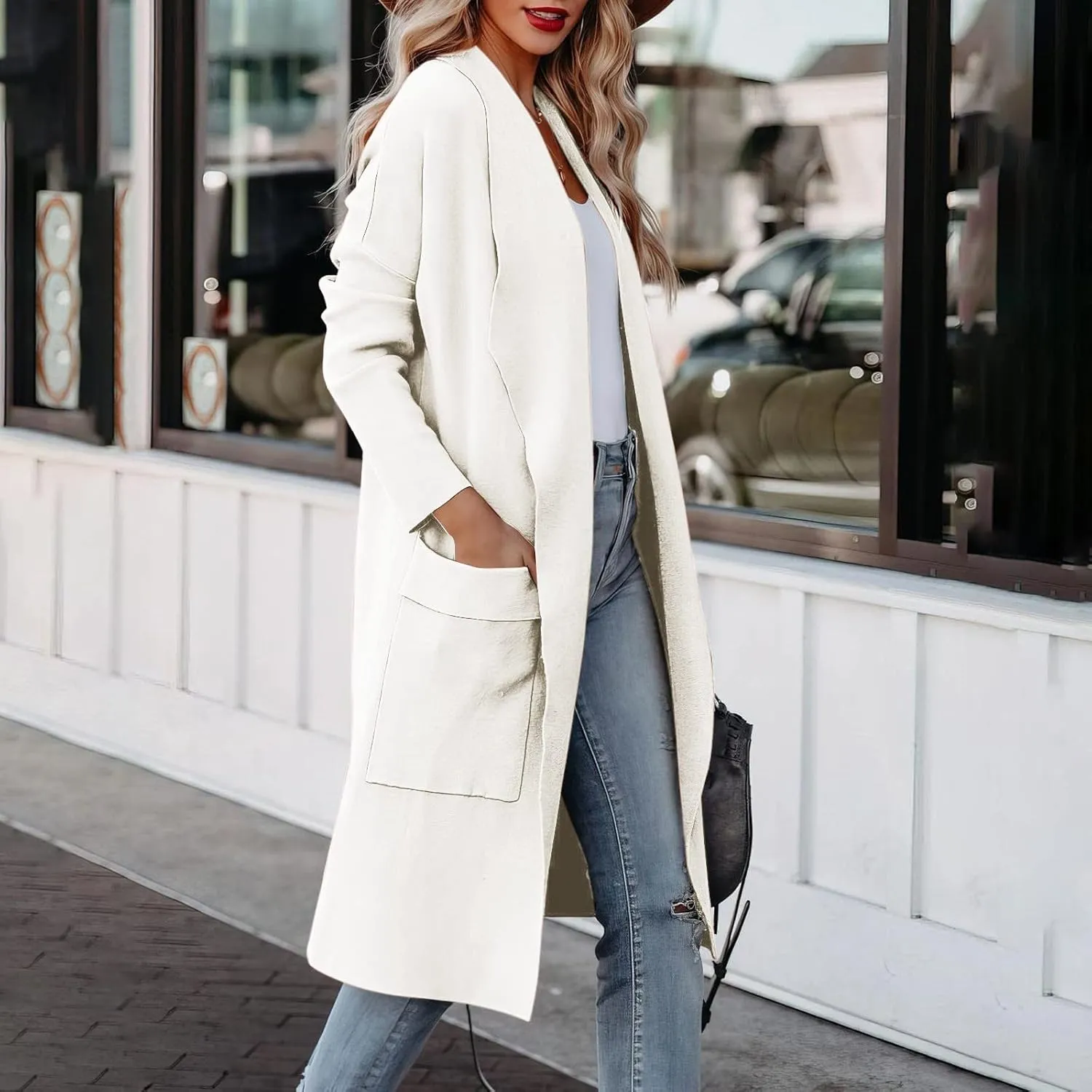 Womens Long Pea Coats Classic Lapel Collar Open Front Wool Blend Trench Coat Dressy Casual Business Midi Long Jackets