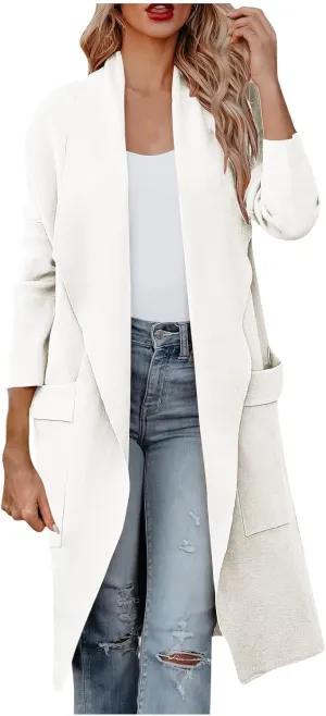 Womens Long Pea Coats Classic Lapel Collar Open Front Wool Blend Trench Coat Dressy Casual Business Midi Long Jackets