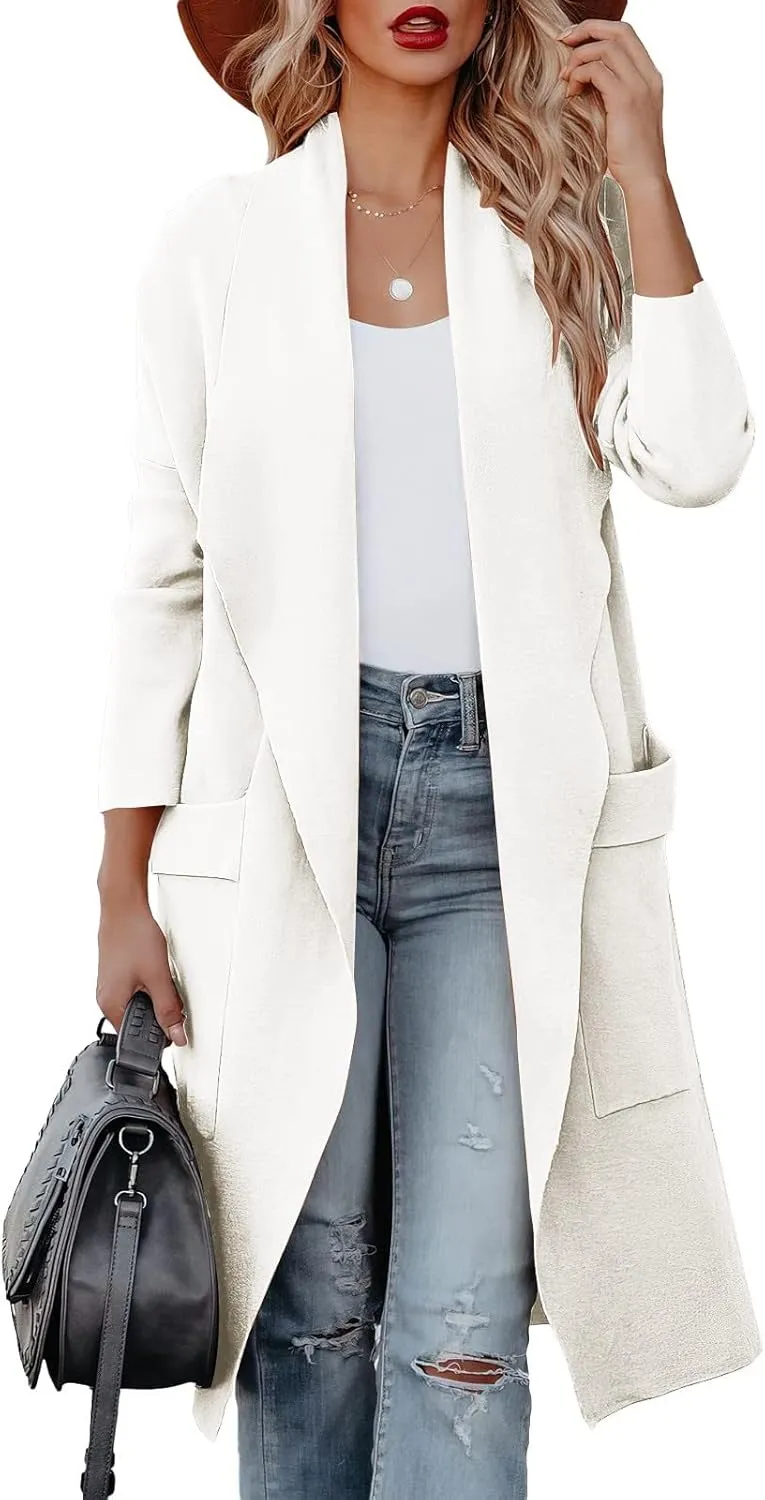 Womens Long Pea Coats Classic Lapel Collar Open Front Wool Blend Trench Coat Dressy Casual Business Midi Long Jackets