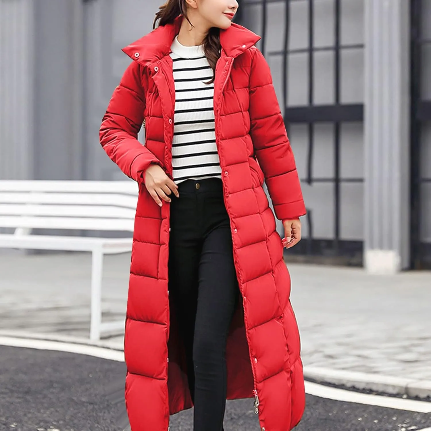 Womens Long Puffer Coat Packable Down Jacket Ultralight Parkas Jacket Maxi Zip Up Thicken Hooded Padded Coat
