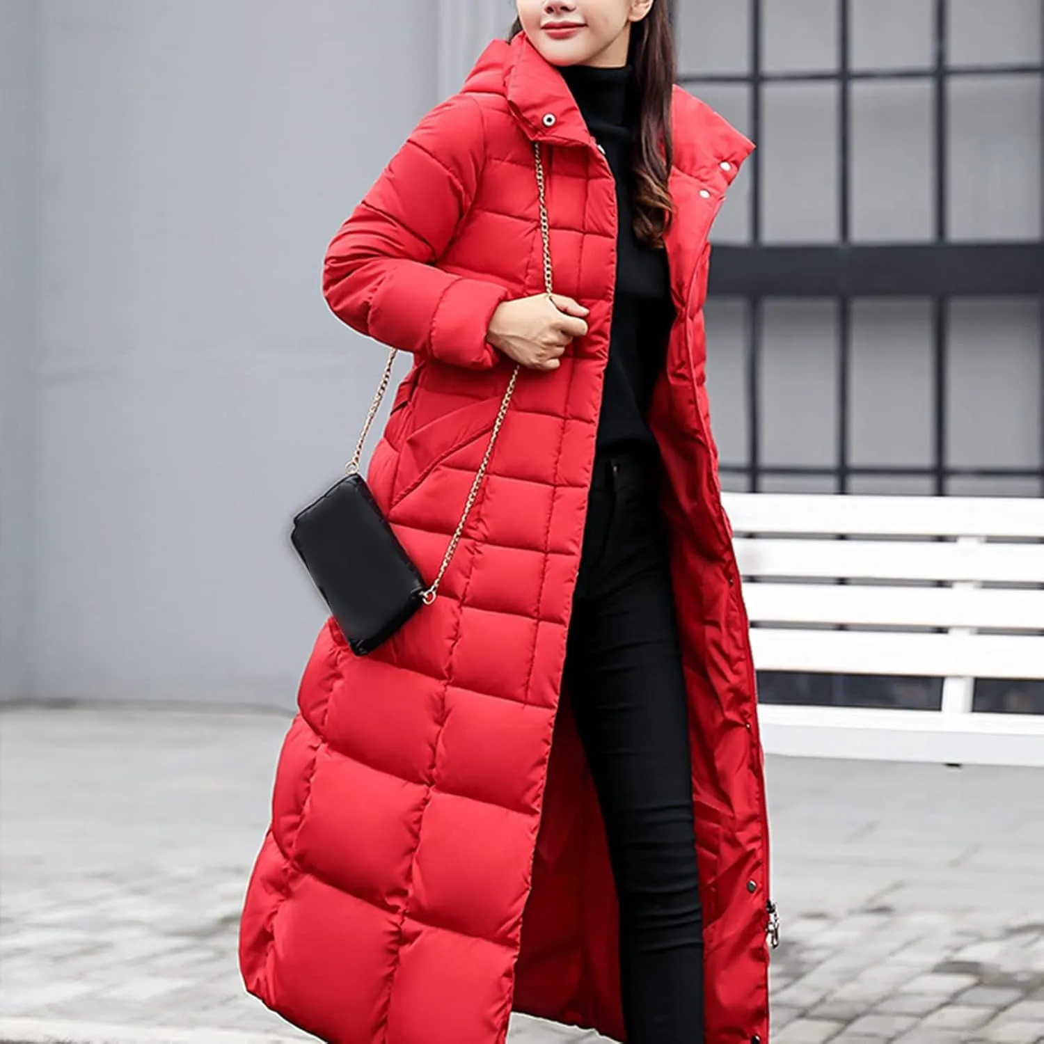 Womens Long Puffer Coat Packable Down Jacket Ultralight Parkas Jacket Maxi Zip Up Thicken Hooded Padded Coat