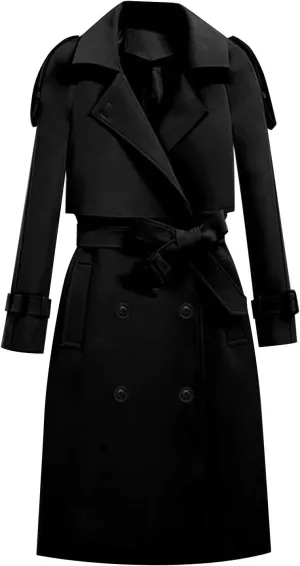 Women's Long Trench Coat Double Breasted Notch Lapel Collar Pea Coat Long Sleeve Fall Winter Overcoat with Belt