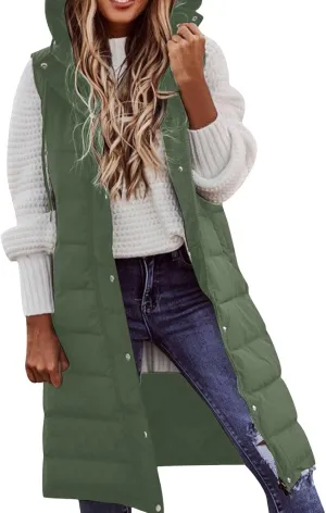 Women's Long Vest Winter Warm Sleeveless Lightweight Puffer Jacket Packable Hooded Down Coat Quilted Vest With Hood