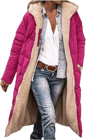 Women's Long Winter Coats Fleece Lined Reversible Hooded Puffer Jackets Windbreaker Full Zip Shearling Warm Down Coat