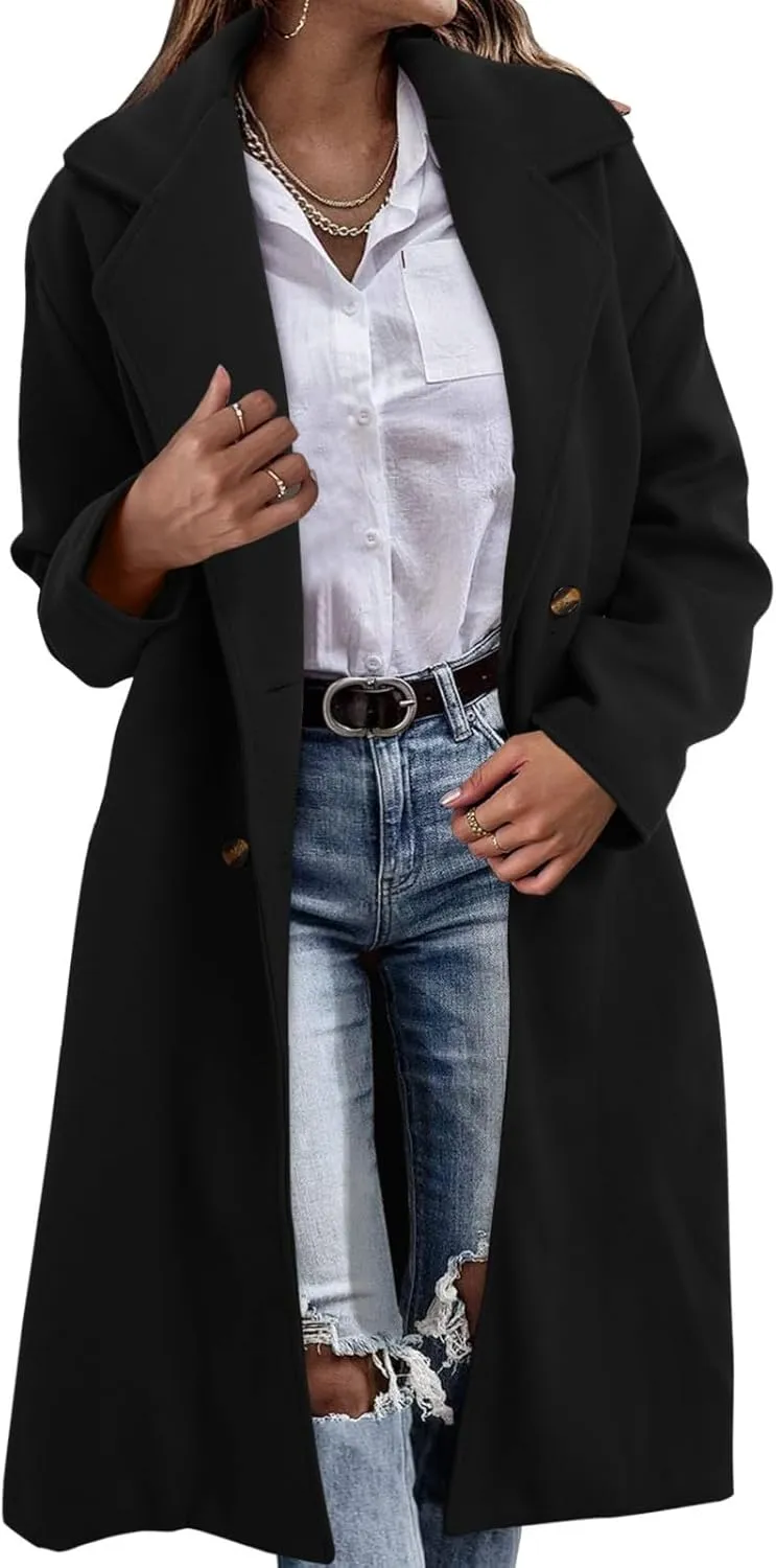 Women's Notched Collar Wool Blend Pea Coat Winter Long Oversized Button Down Overcoats Double Breasted Trench Coat