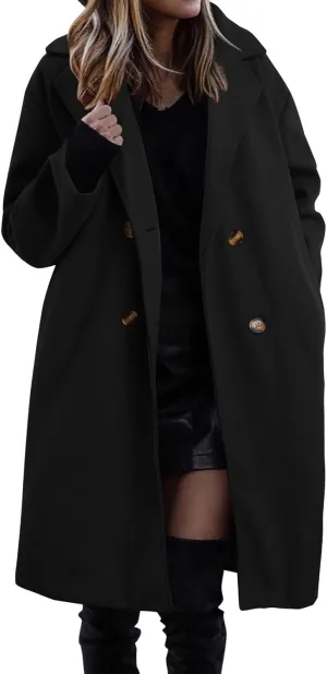 Women's Notched Collar Wool Blend Pea Coat Winter Long Oversized Button Down Overcoats Double Breasted Trench Coat